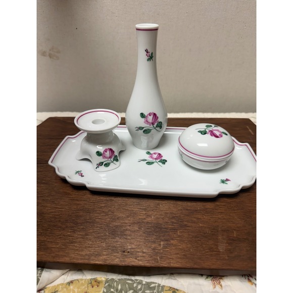 Augarten Wien Other - Augarten Wien Viennese Rose Porcelain Vanity Set Tray Vase Trinket Box 4pc